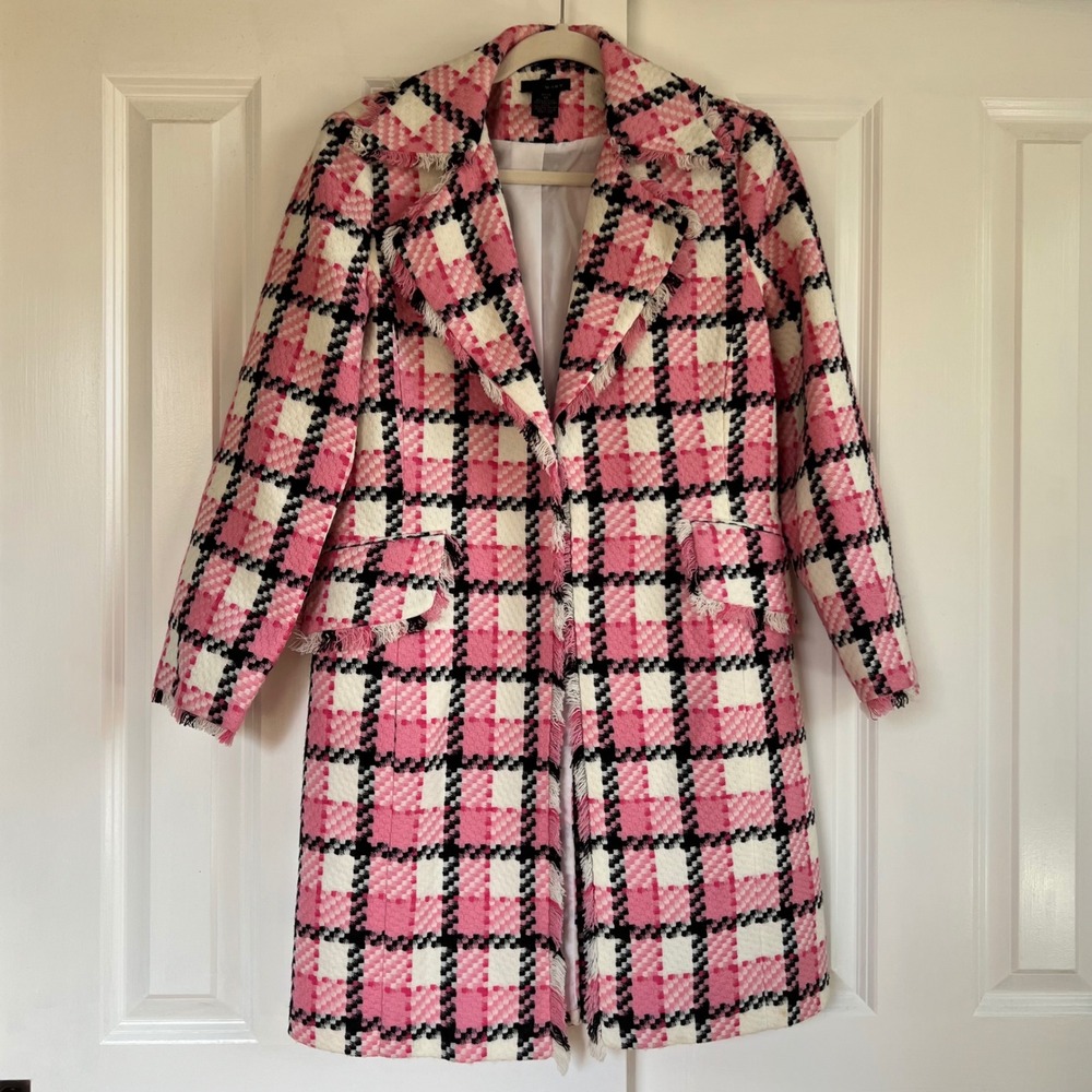 W.D.N.Y. Pink‎ White Black Plaid Tweed Fringed Y2K Longline Blazer Size 10P